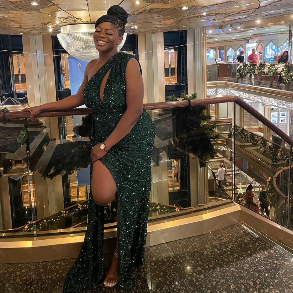 Green sequin, high split formal dress